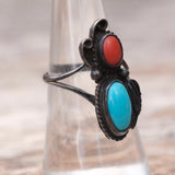 Vintage Sterling Turquoise and Coral Feather Ring 6.5