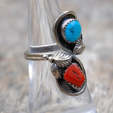 Vintage Sterling Turquoise and Coral Feather Overpass Ring 5.75