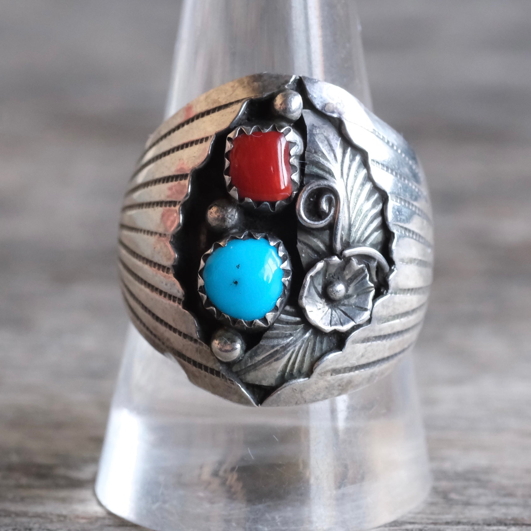 Vintage Sterling Turquoise and Coral Feather Ring 10.25