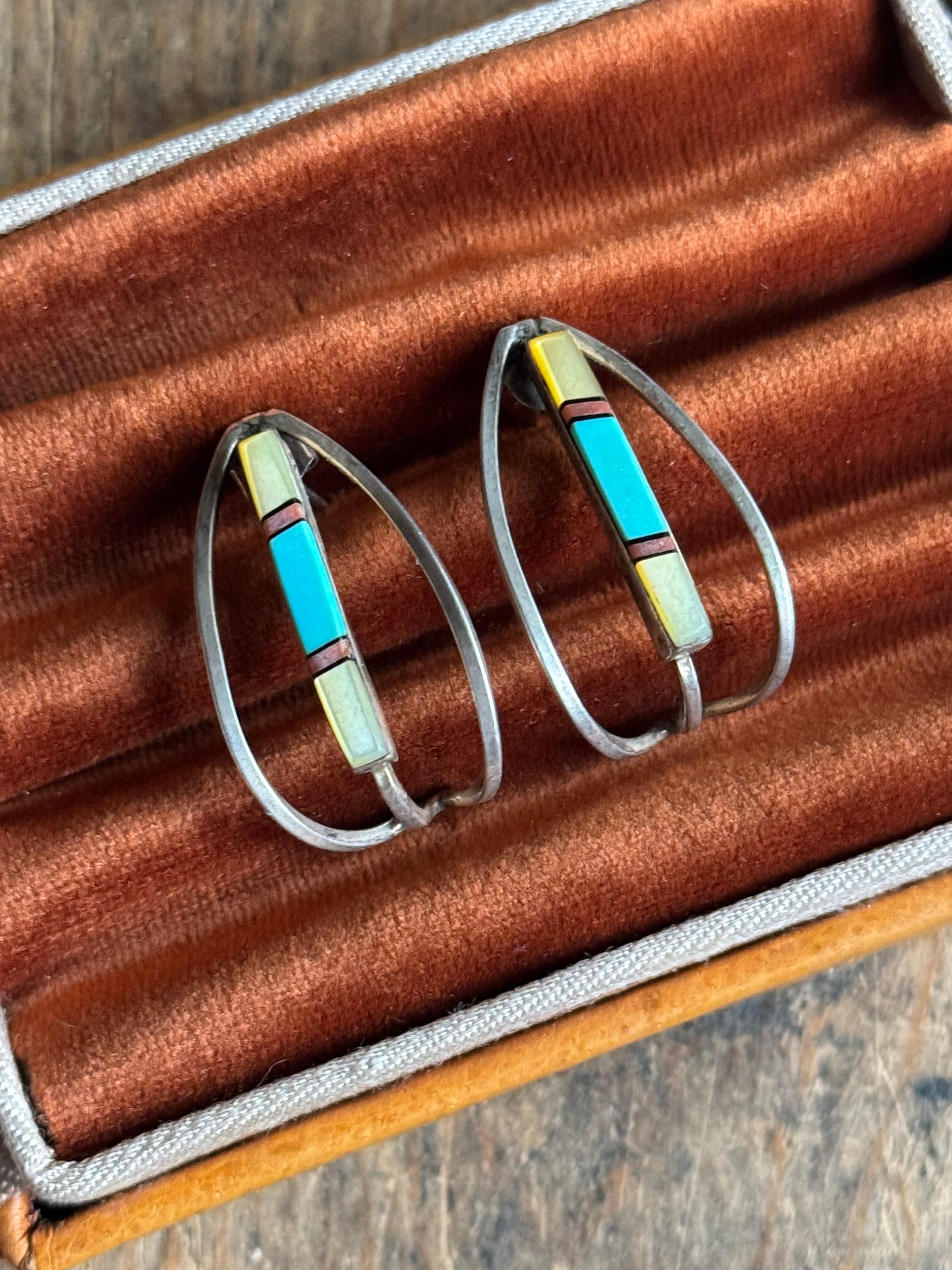 Vintage Sterling Silver Multistone Inlay Half Hoop Earrings