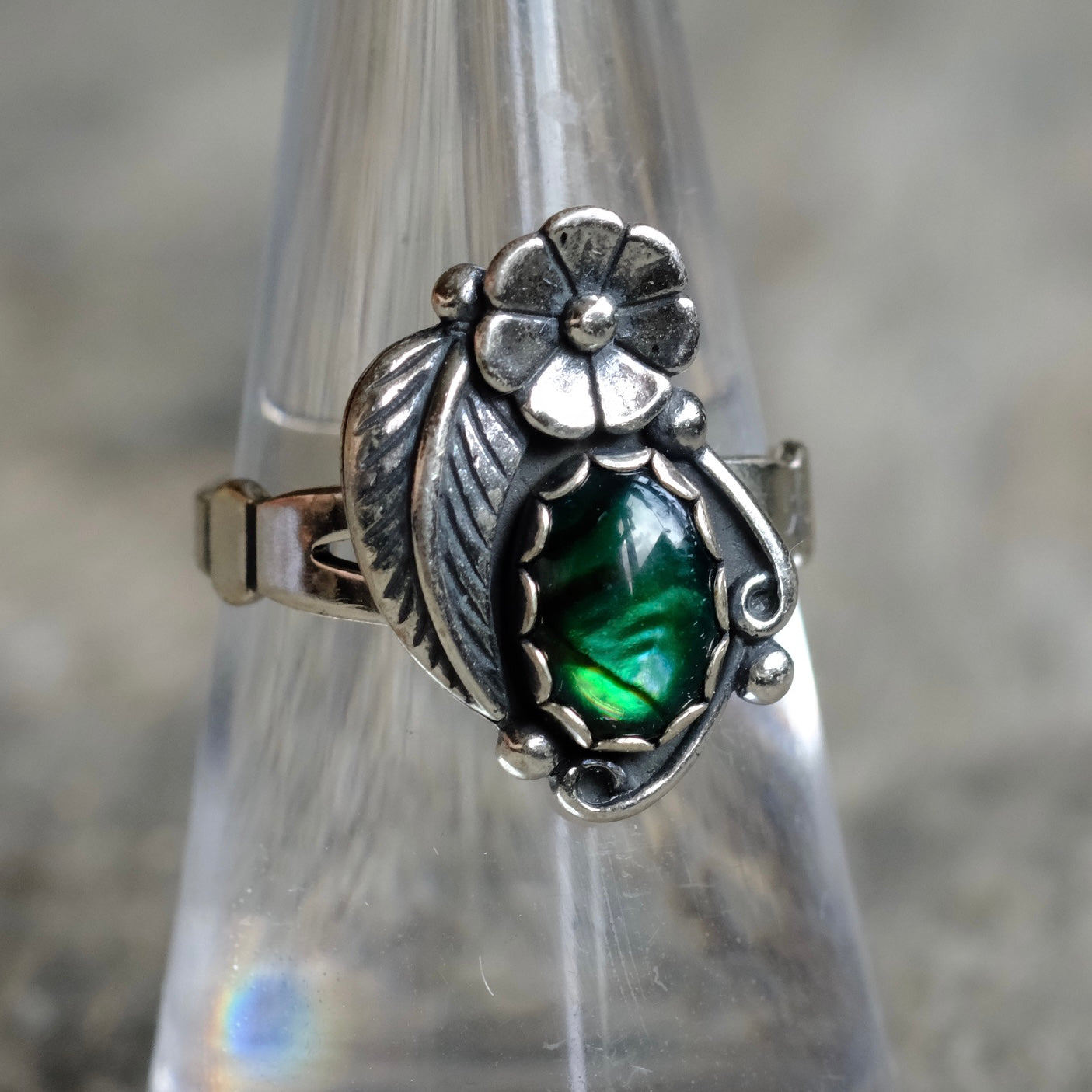 Vintage Sterling Blue Abalone Feather Blossom Ring 6.75
