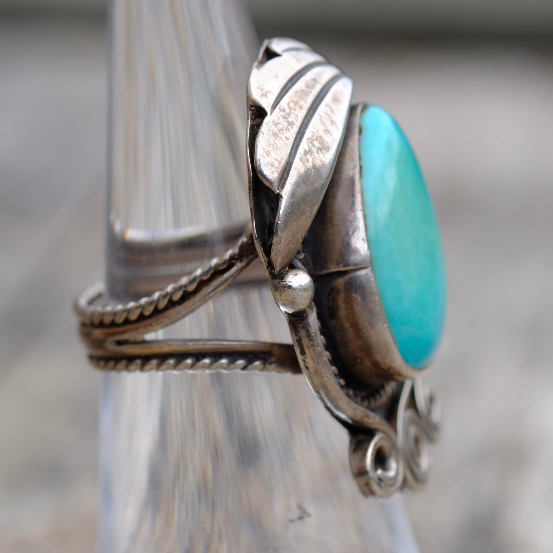 Vintage Sterling Turquoise Feather Ring 5.5