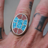 Vintage Sterling Turquoise and Coral Inlay Ring 8.25