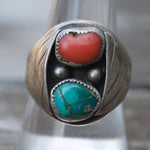 Vintage Sterling Turquoise and Coral Ring 9.25