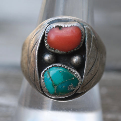 Vintage Sterling Turquoise and Coral Ring 9.25