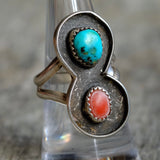 Vintage Sterling Turquoise and Coral Ring 7.5
