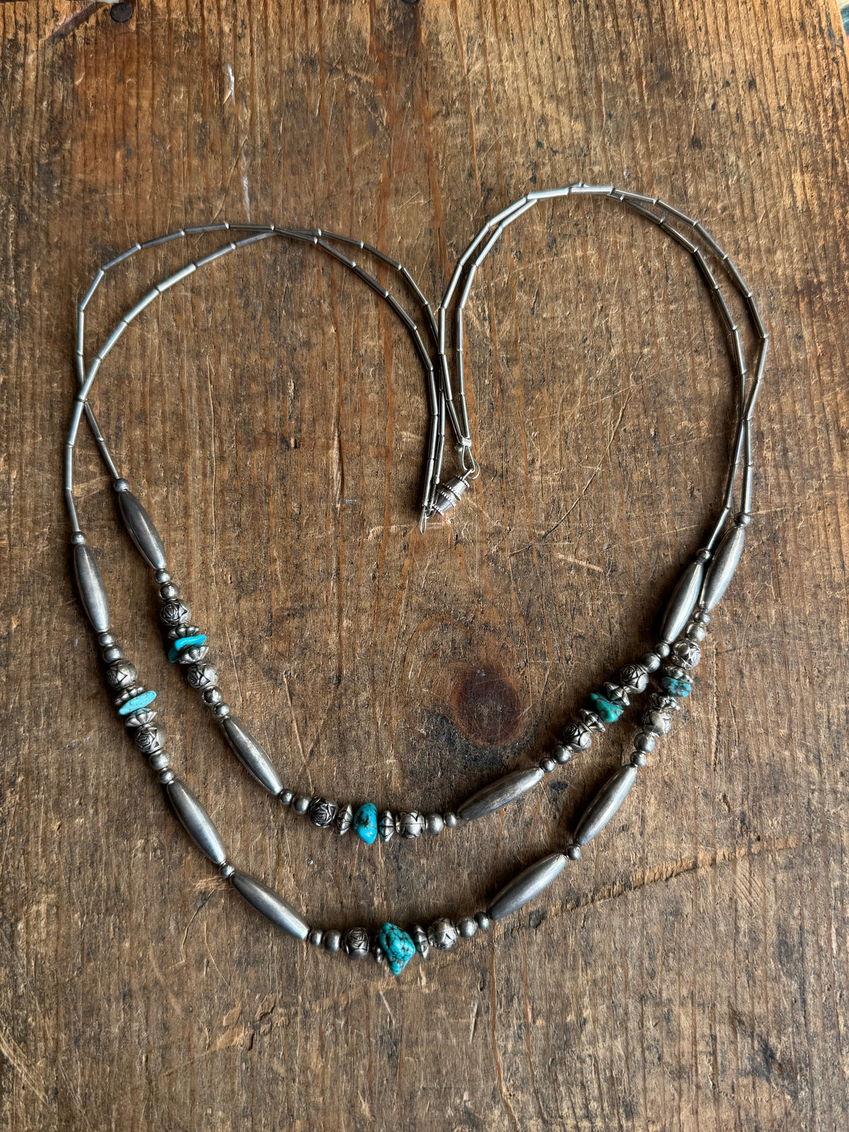 Vintage Raw Turquoise & Sterling Silver Double Strand Liquid Silver Beaded Necklace