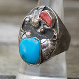 Vintage Sterling Turquoise and Coral Feather Ring 8.75