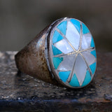 Vintage Sterling Turquoise and Mother Of Pearl Starburst Inlay Ring 11