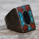 Vintage Sterling Crushed Onyx Turquoise and Coral Inlay Ring 11