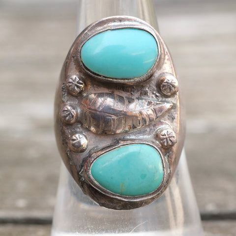 Vintage Sterling 2-Stone Turquoise Feather Ring 8.5