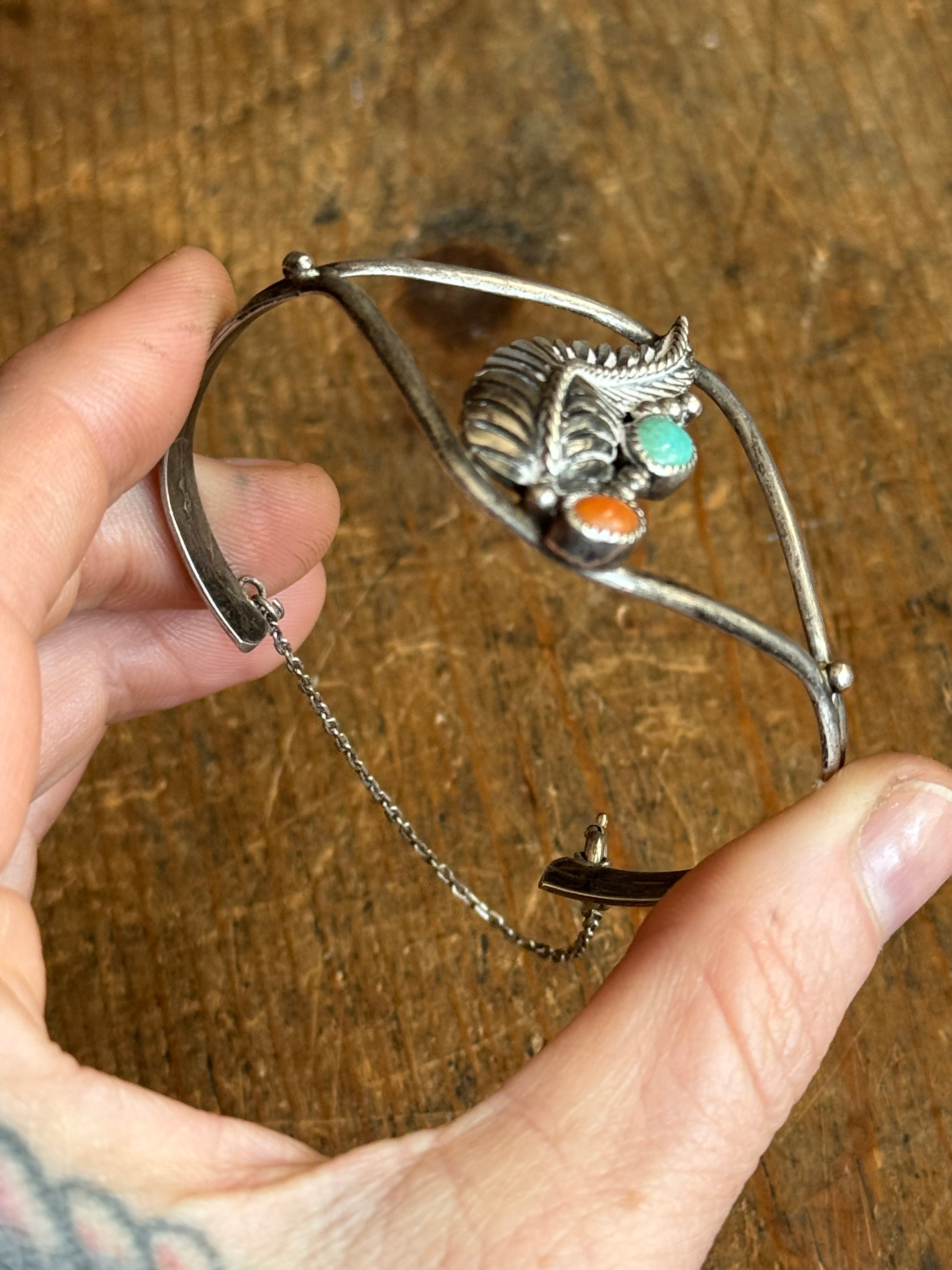 Vintage Sterling Silver Turquoise & Coral Leaf Cuff