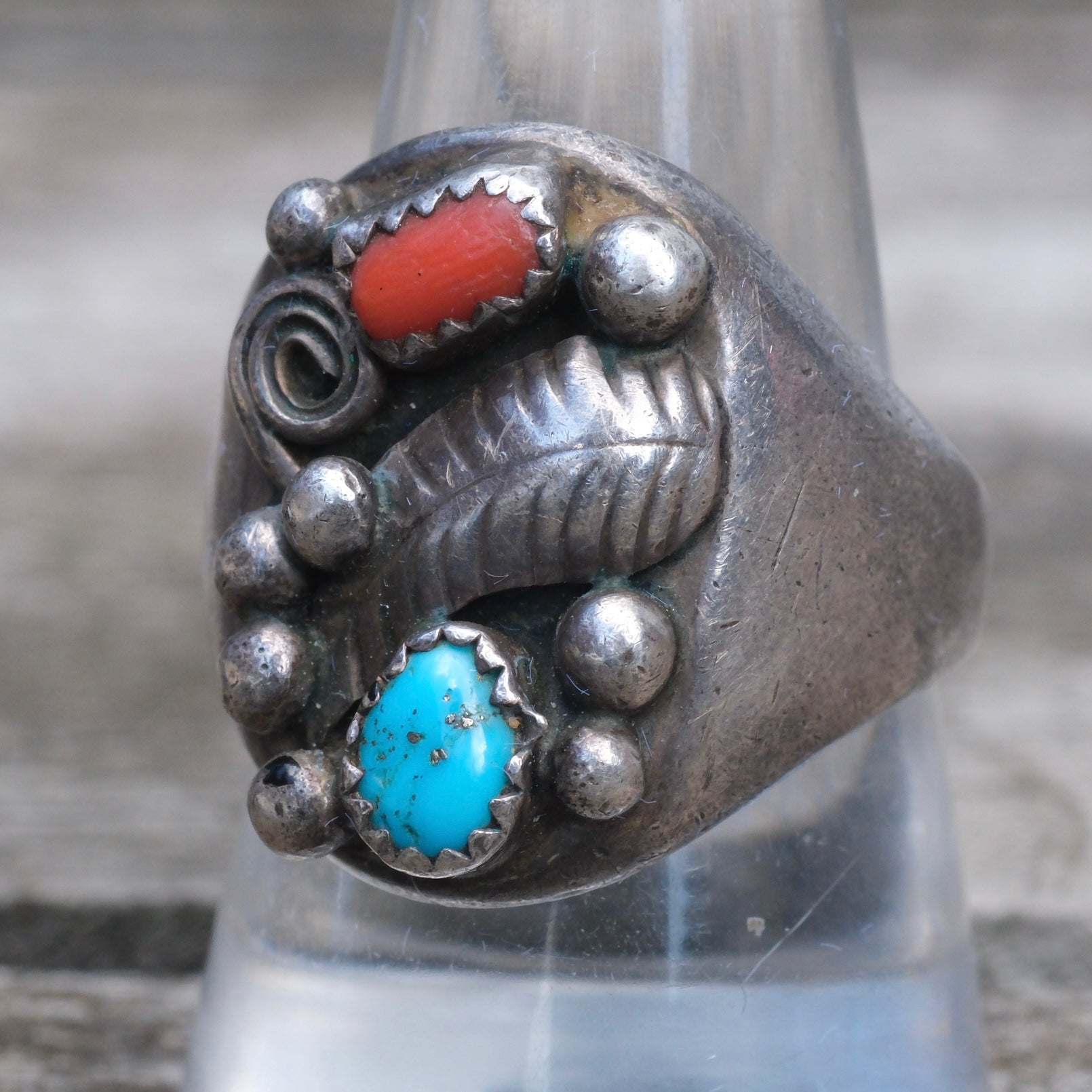 Vintage Sterling Turquoise and Coral Feather Ring 10.25