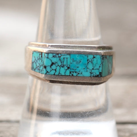 Vintage Sterling Turquoise Inlay Band 9.5