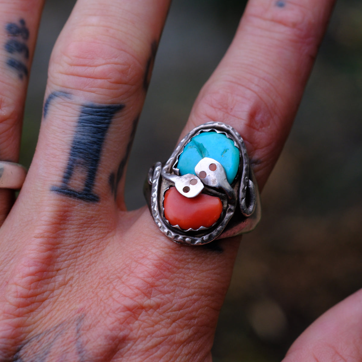 Vintage Effie C Sterling Turquoise and Coral Snake Ring 10