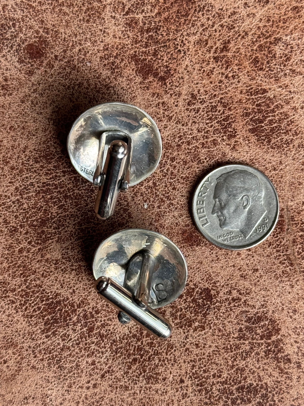 Vintage Sterling Silver Stamped Turquoise Concho Cufflinks.