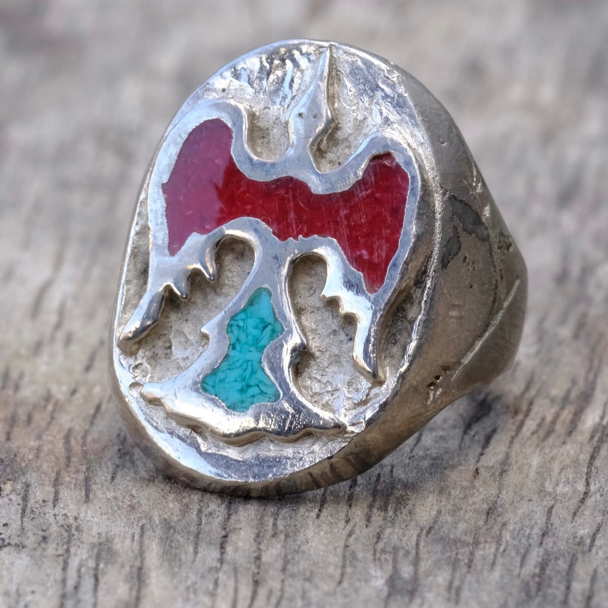 Vintage Sterling Turquoise and Coral Bird Ring 9.25
