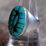 Vintage Sterling Turquoise and Jet Inlay Ring 9.25