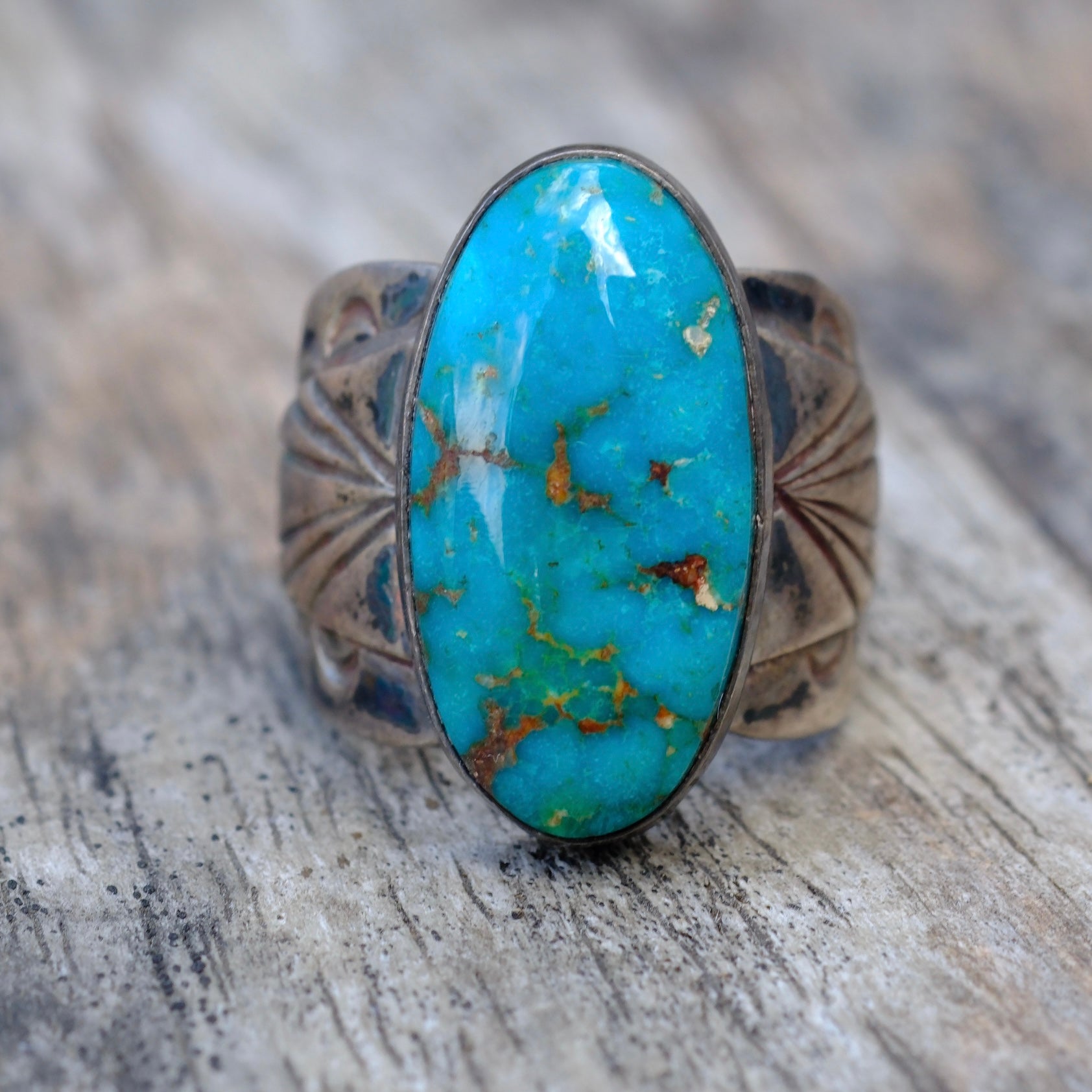 Vintage Sterling Turquoise Stamped Band Ring 5