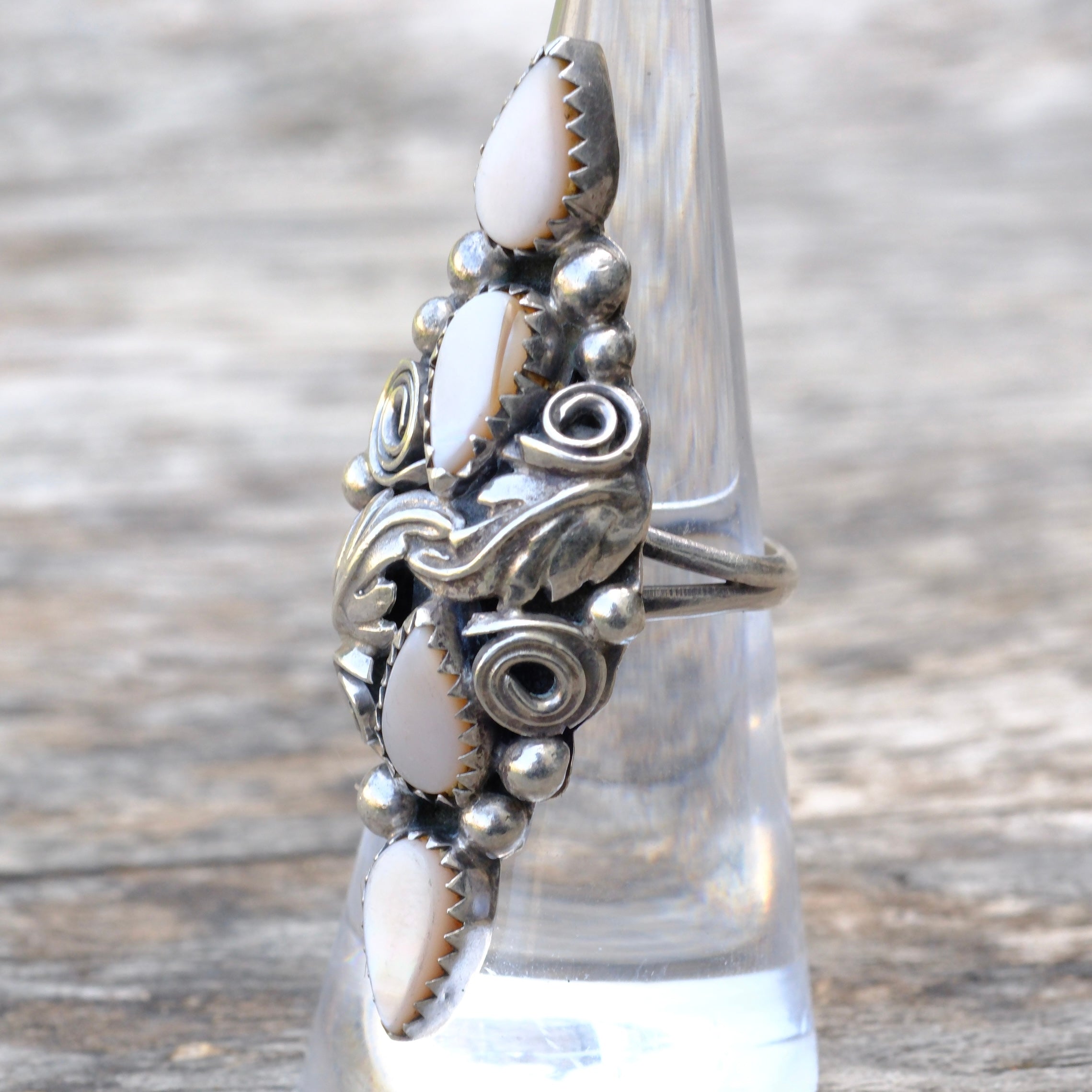 Vintage Sterling Mother Of Pearl Feather Ring 6