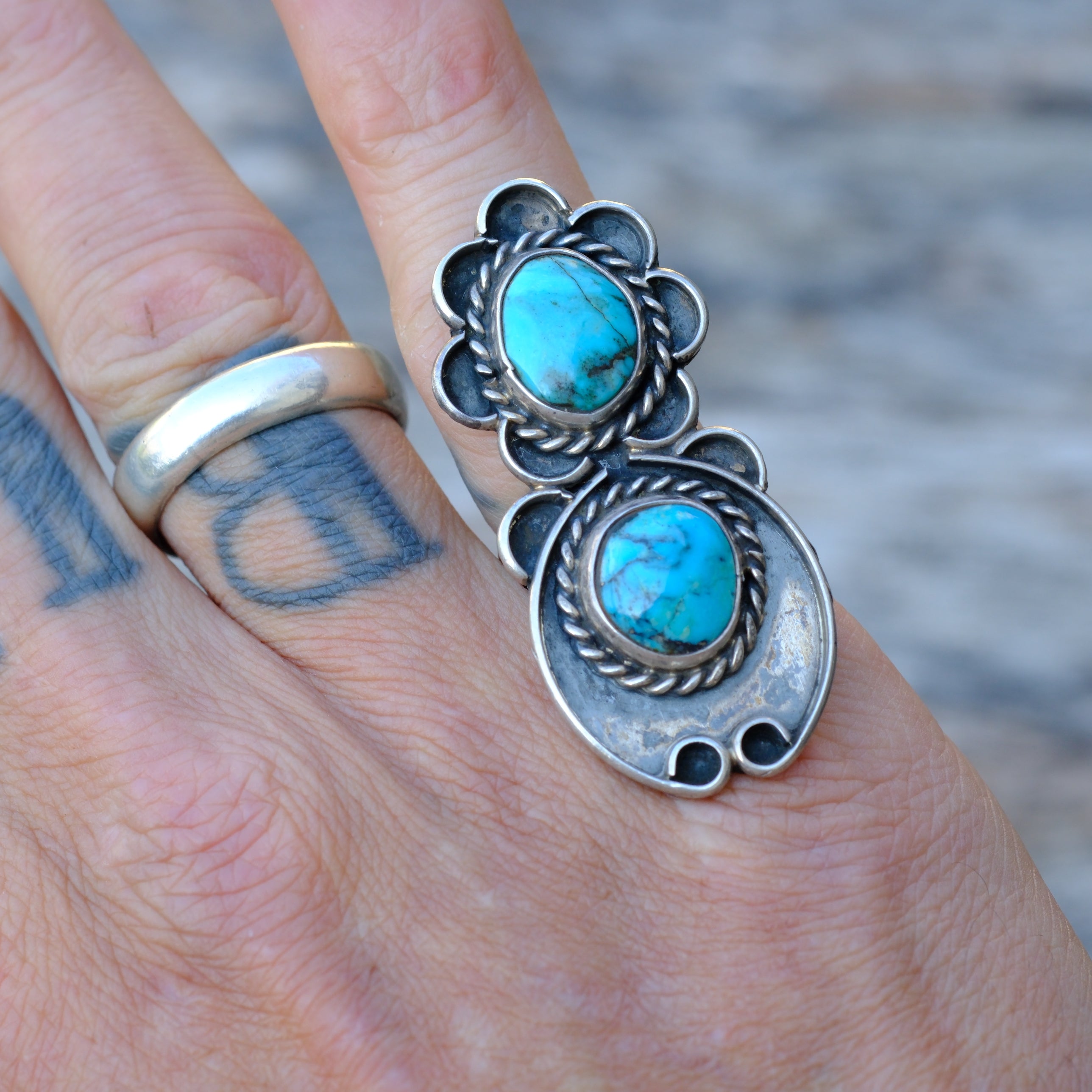 Vintage Sterling 2- Stone Turquoise Ring 6.25