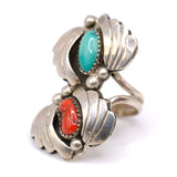 Vintage Sterling Turquoise and Coral Feather Ring 6.25