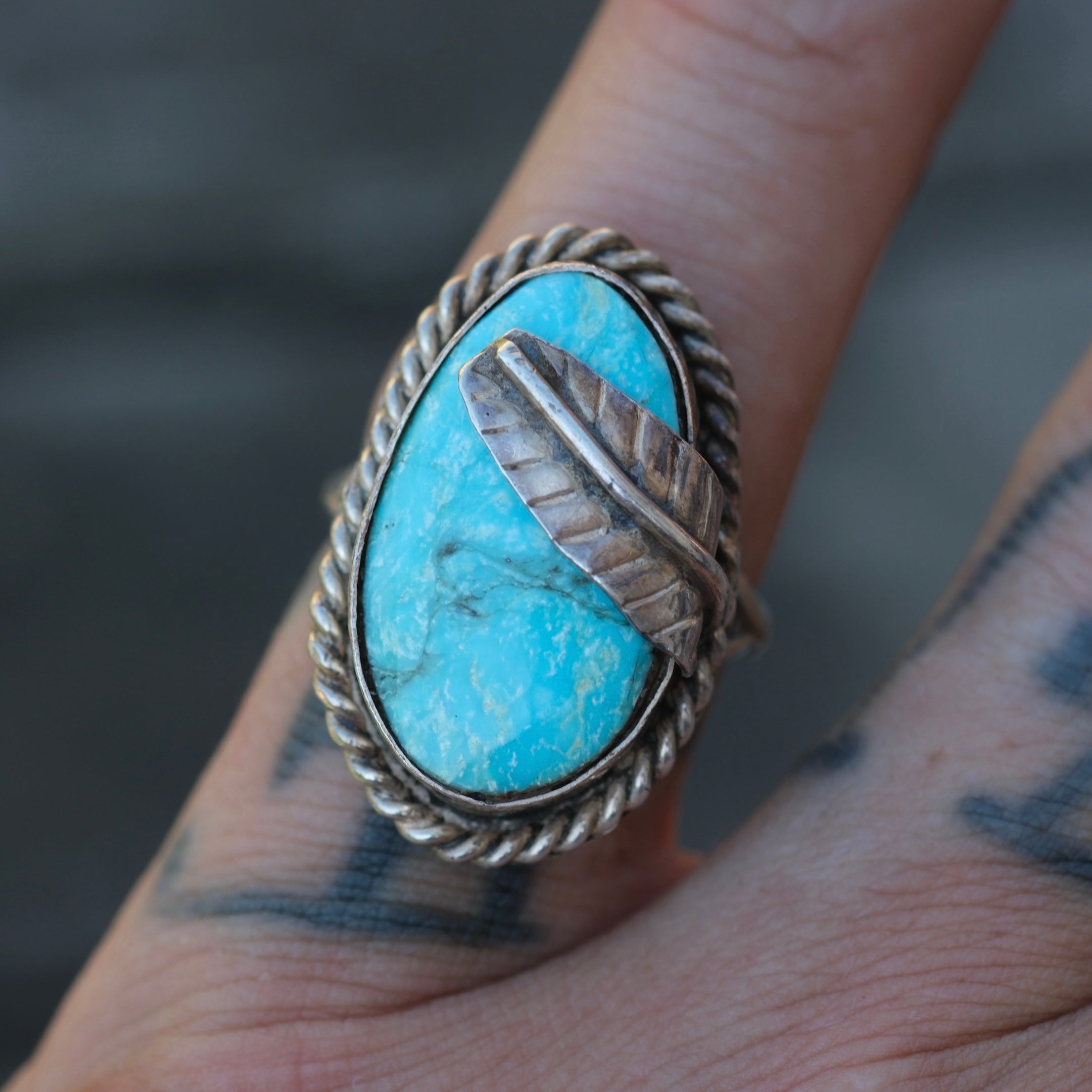 Vintage Sterling Turquoise Feather Ring 5.75