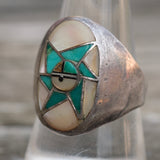 Vintage Sterling Turquoise Sunface Inlay Ring 9.75