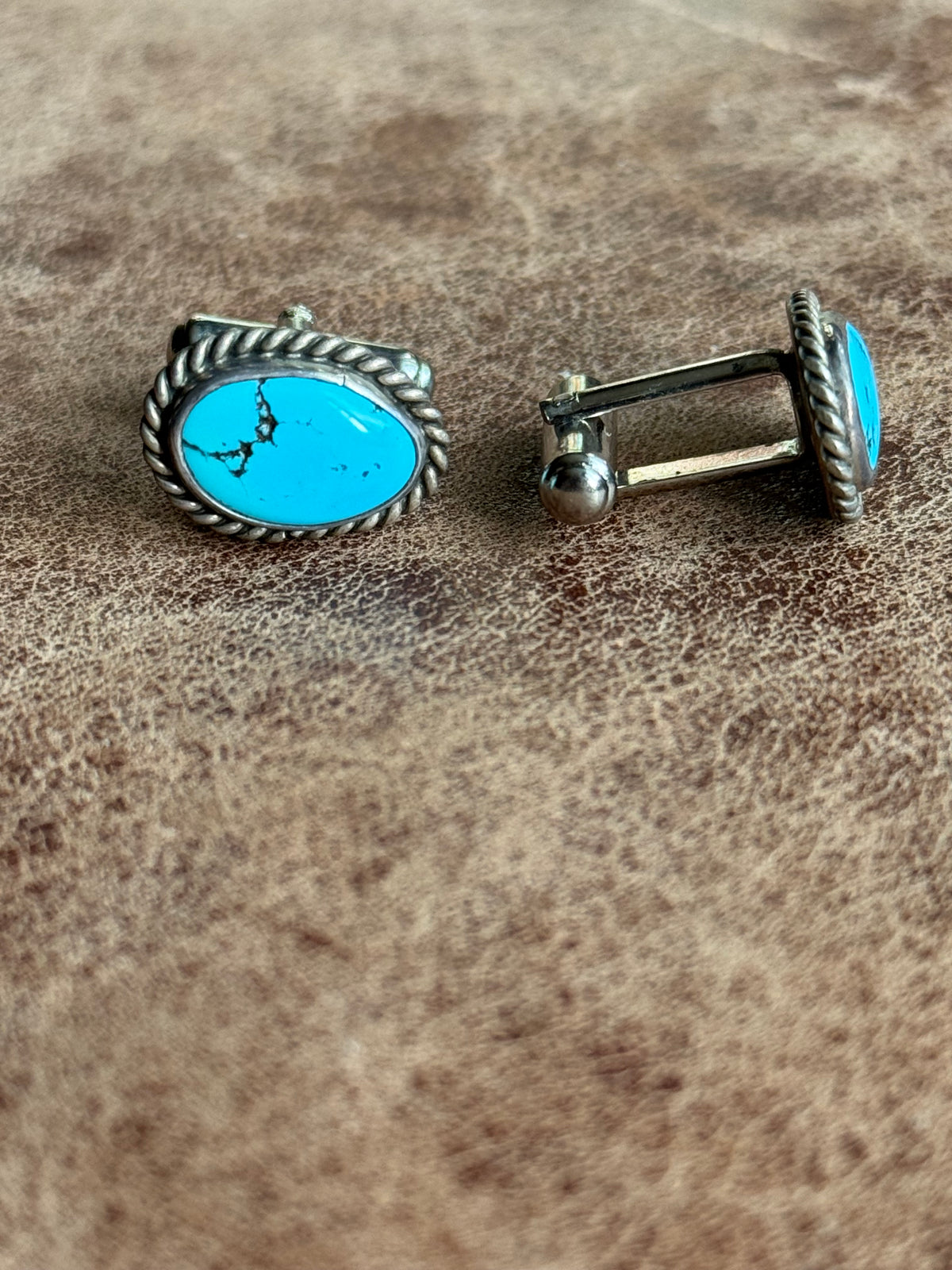 Vintage Sterling Silver Roped Turquoise Cufflinks