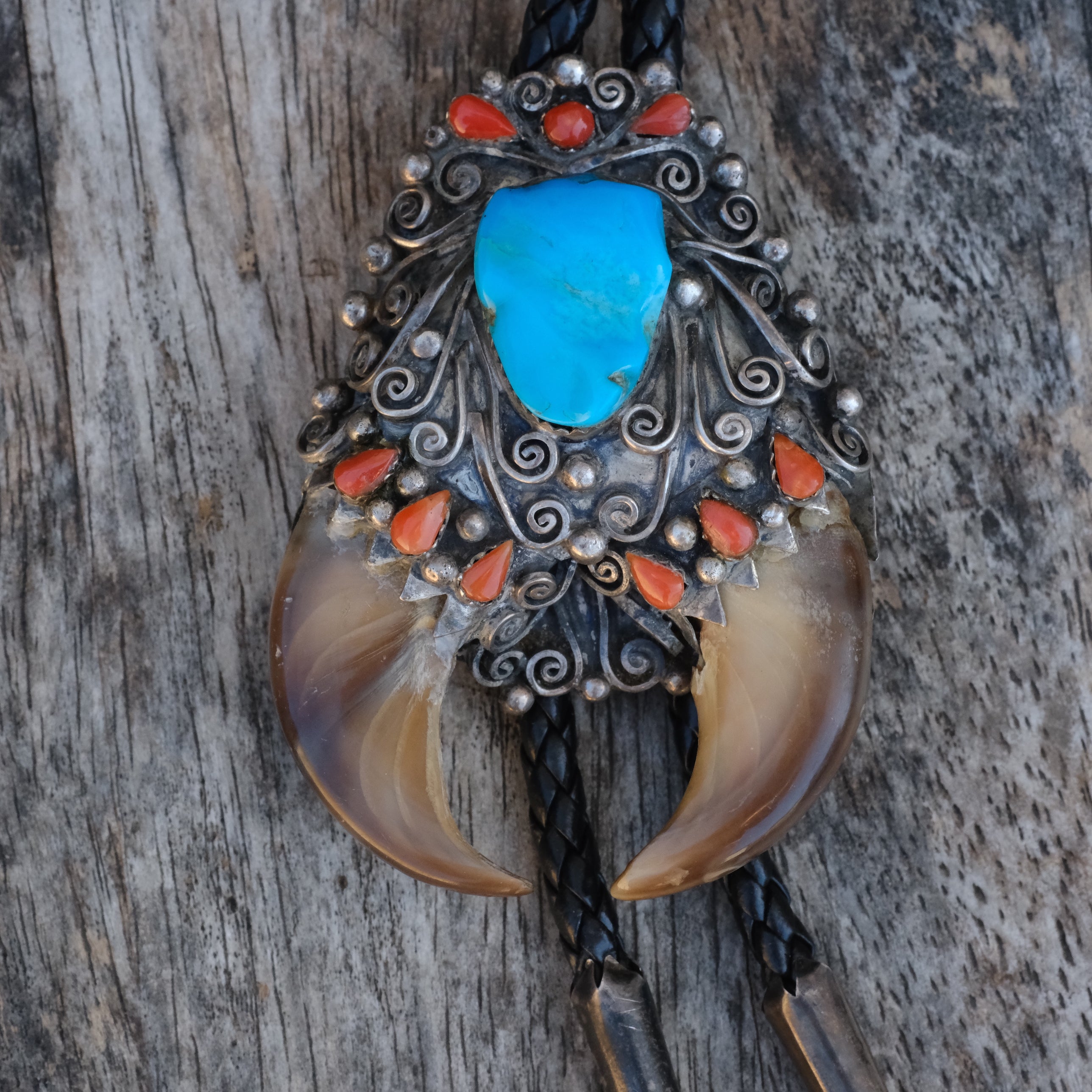 Vintage Sterling Turquoise and Coral Double Bear Claw Bolo TIe