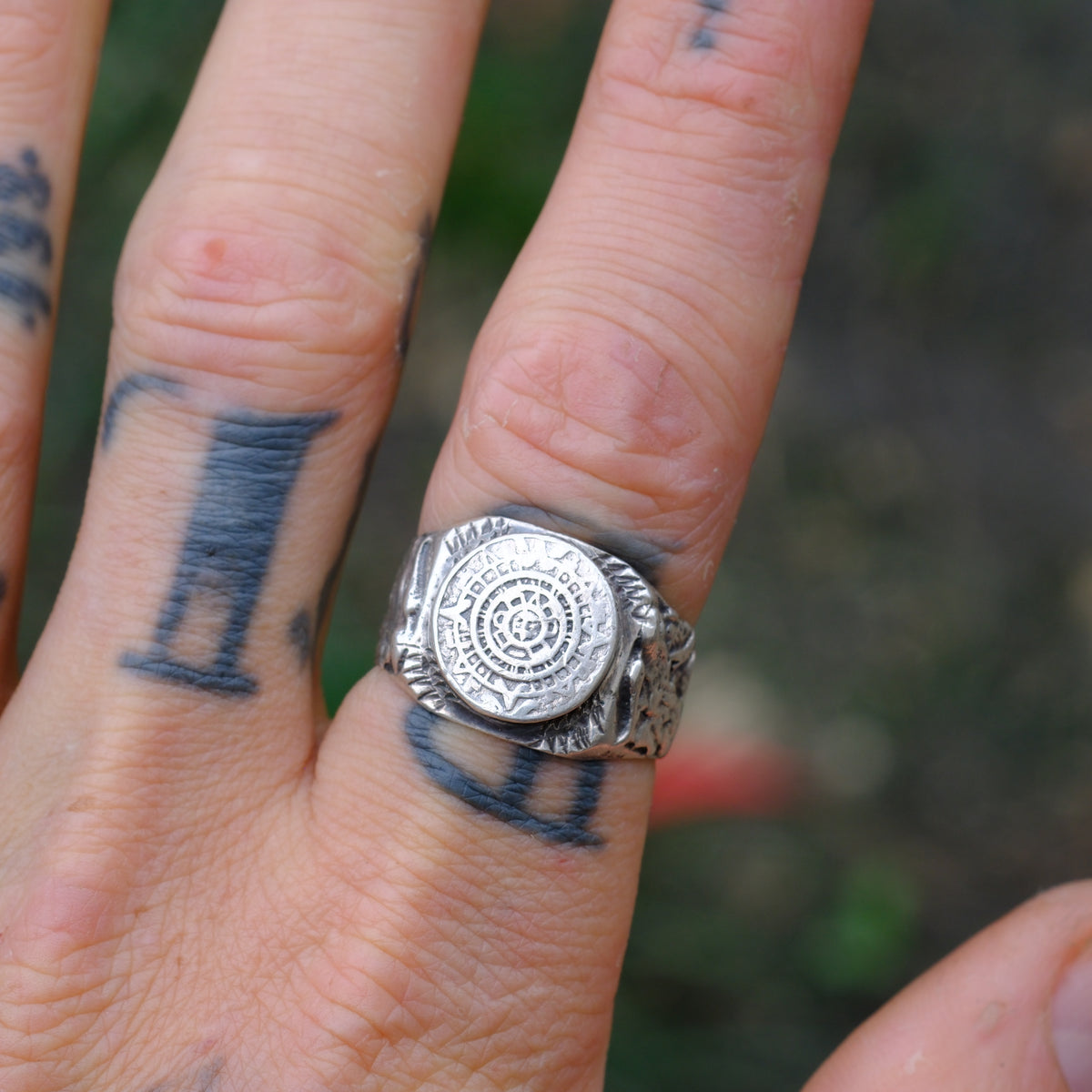 Vintage Sterling Silver Aztec Calendar Signet Ring 9.75