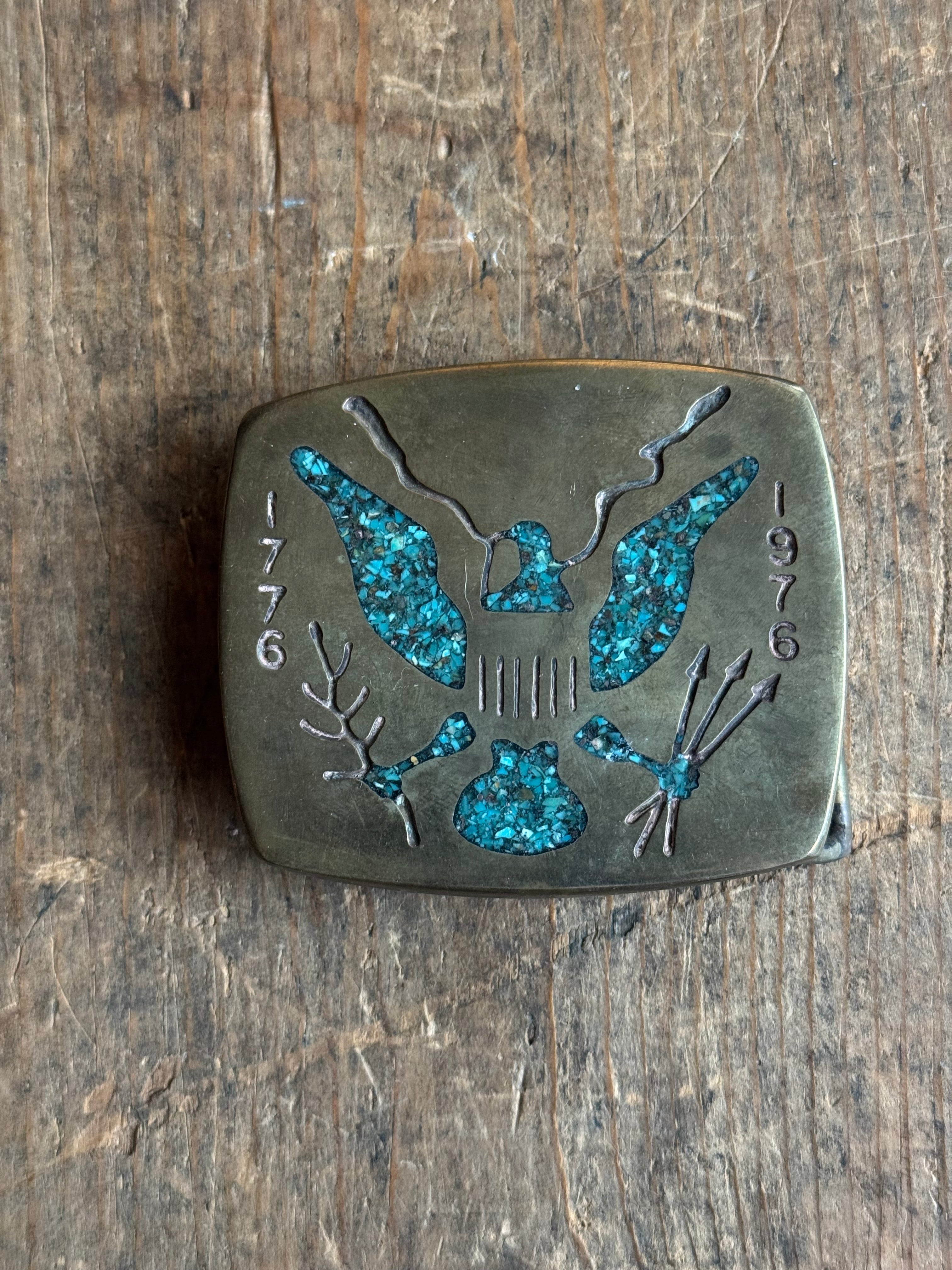Vintage Brass & Crushed Turquoise Centennial Belt Buckle