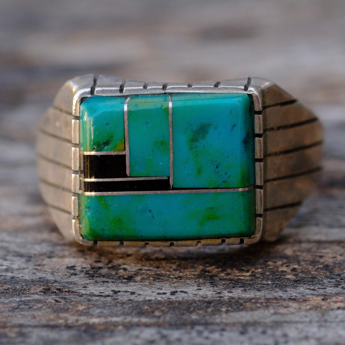Vintage Sterling Malachite and Onyx Inlay Ring 12.75