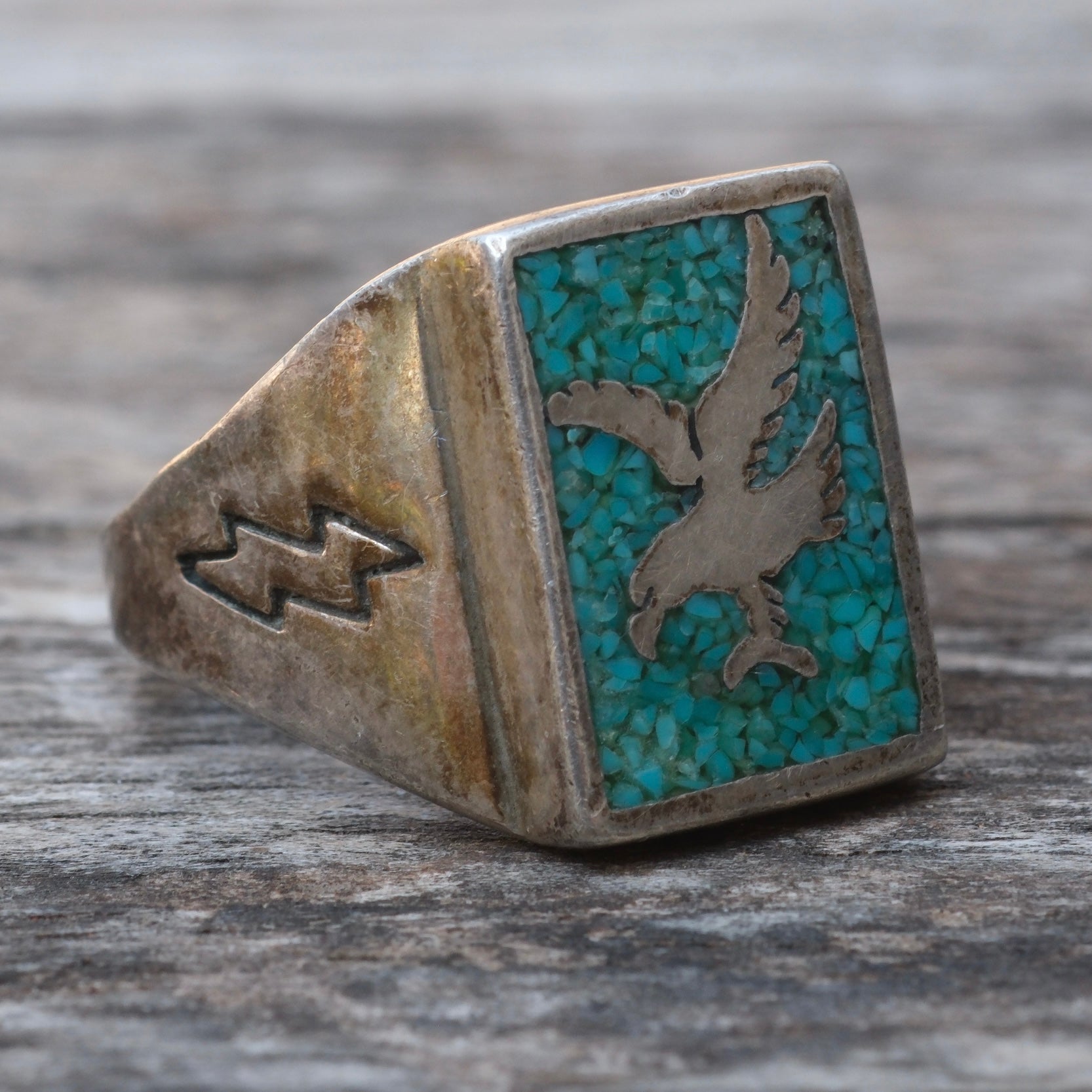 Vintage Sterling Crushed Turquoise Eagle Ring 9.75