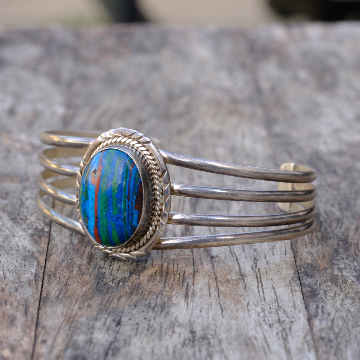 Vintage Sterling Rainbow Calsillica Cuff Bracelet
