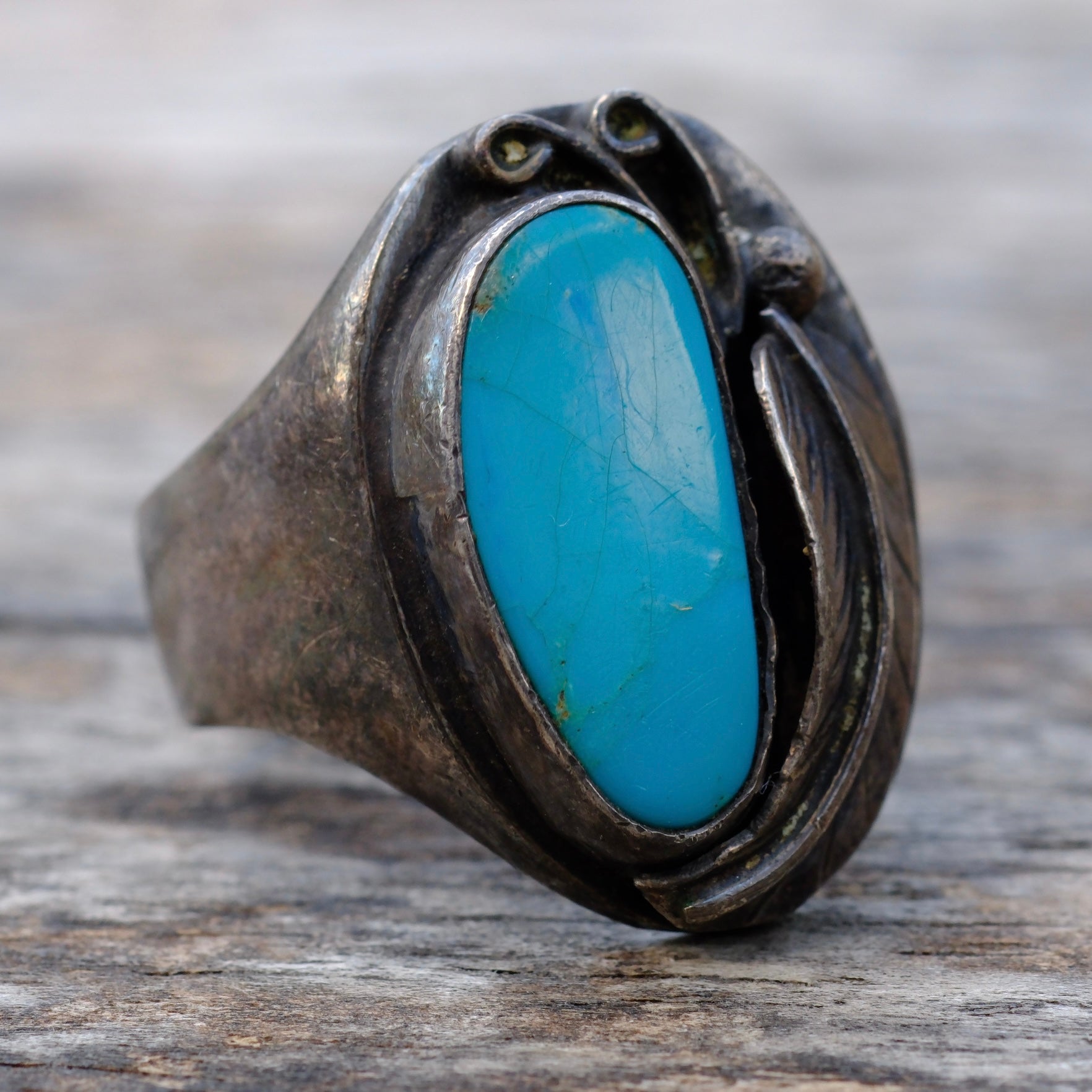 Vintage Sterling Turquoise Feather Ring 10