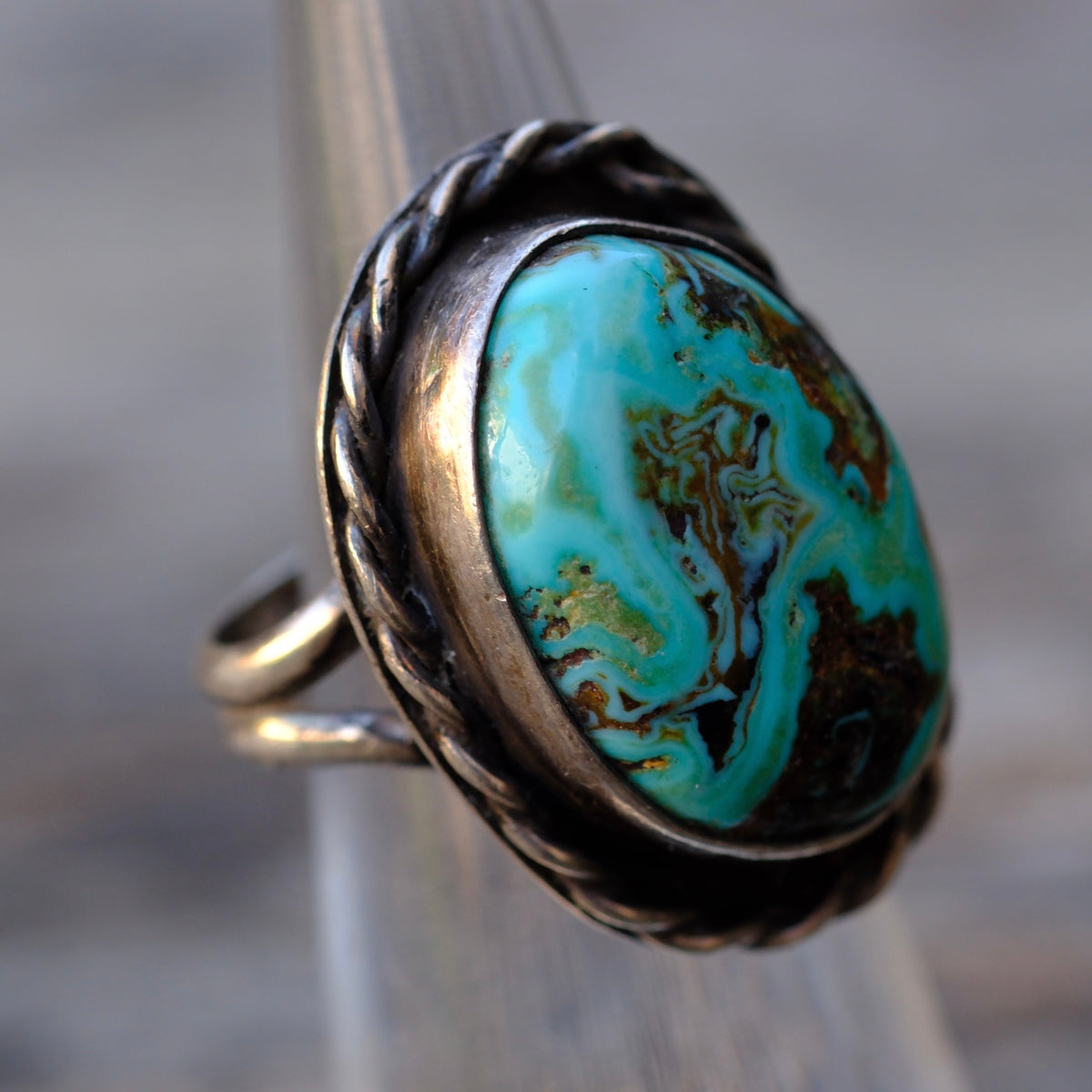 Vintage Sterling Turquoise Roper Ring 5