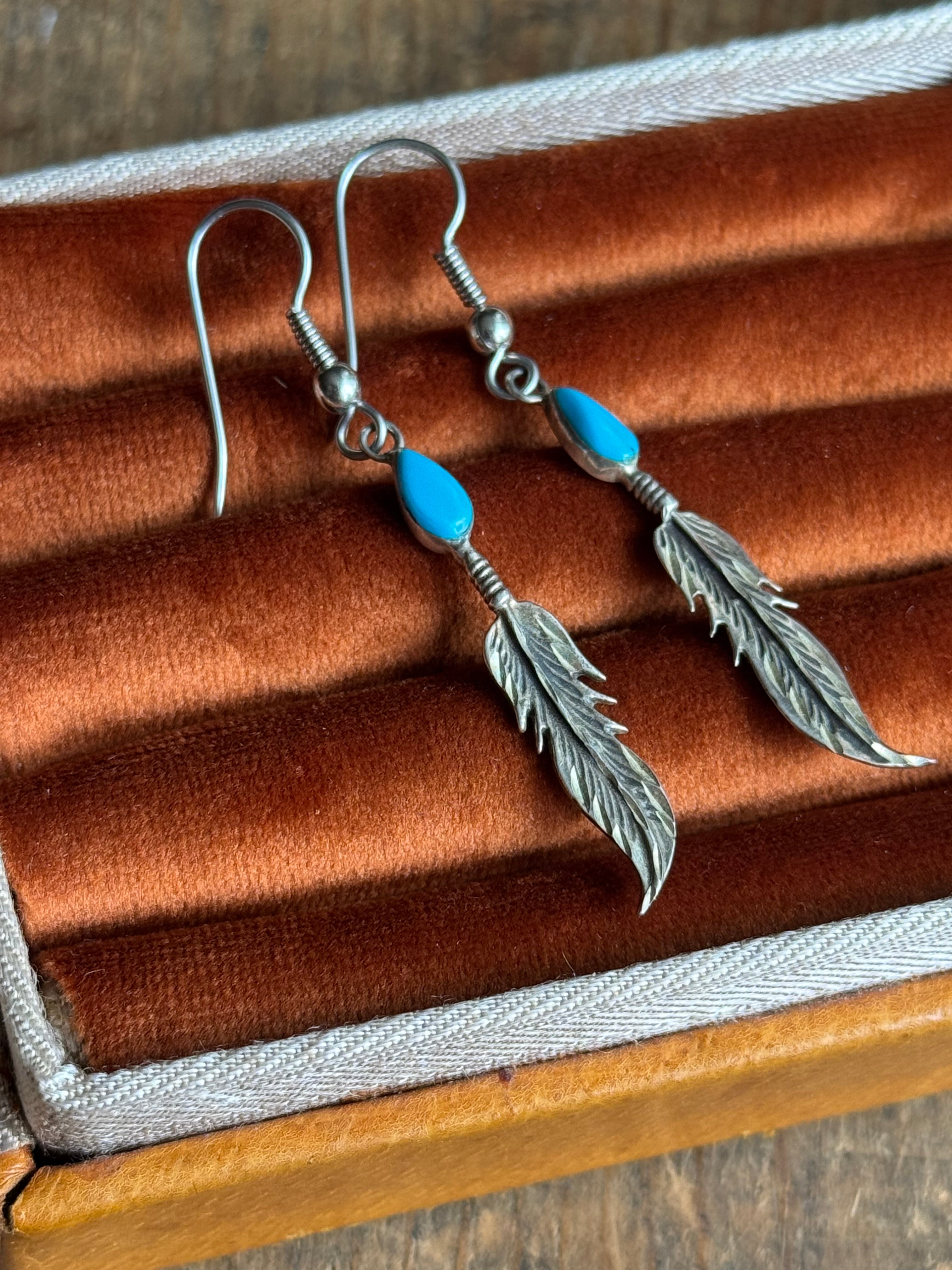 Vintage Sterling Silver Turquoise Feather Earrings