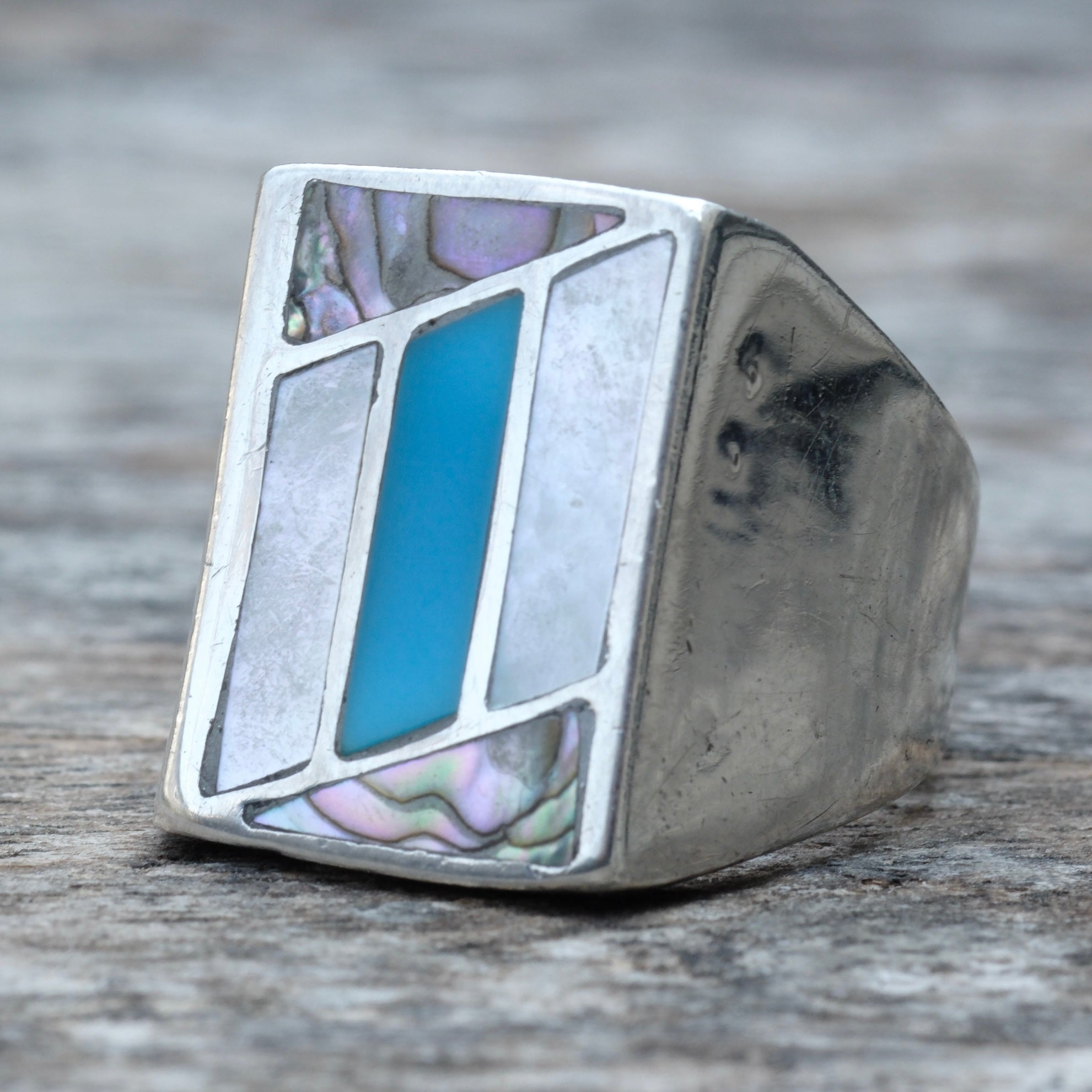 Vintage Sterling Mother Of Pearl Abalone and Turquoise Inlay Ring 11