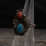 Vintage Sterling Turquoise and Coral Feather Ring 5.5