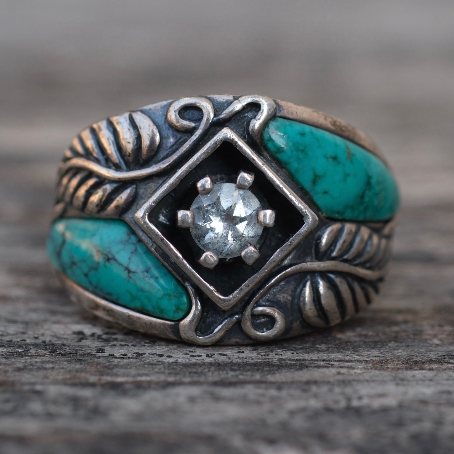 Vintage Sterling Turquoise CZ Ring Ring 9.75