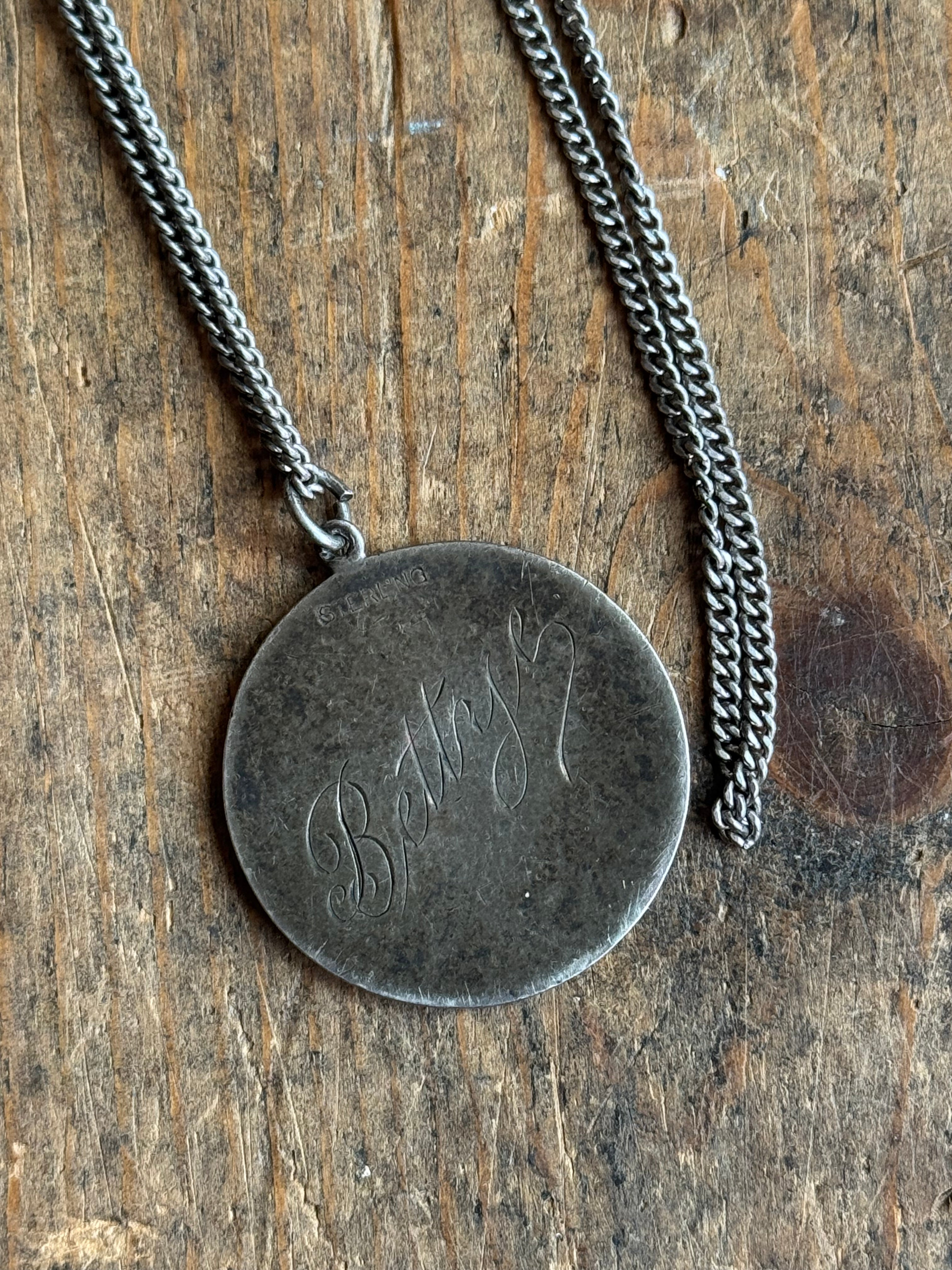 Vintage Sterling Silver ‘Betty’ Engraved Enamel St. Christopher Necklace