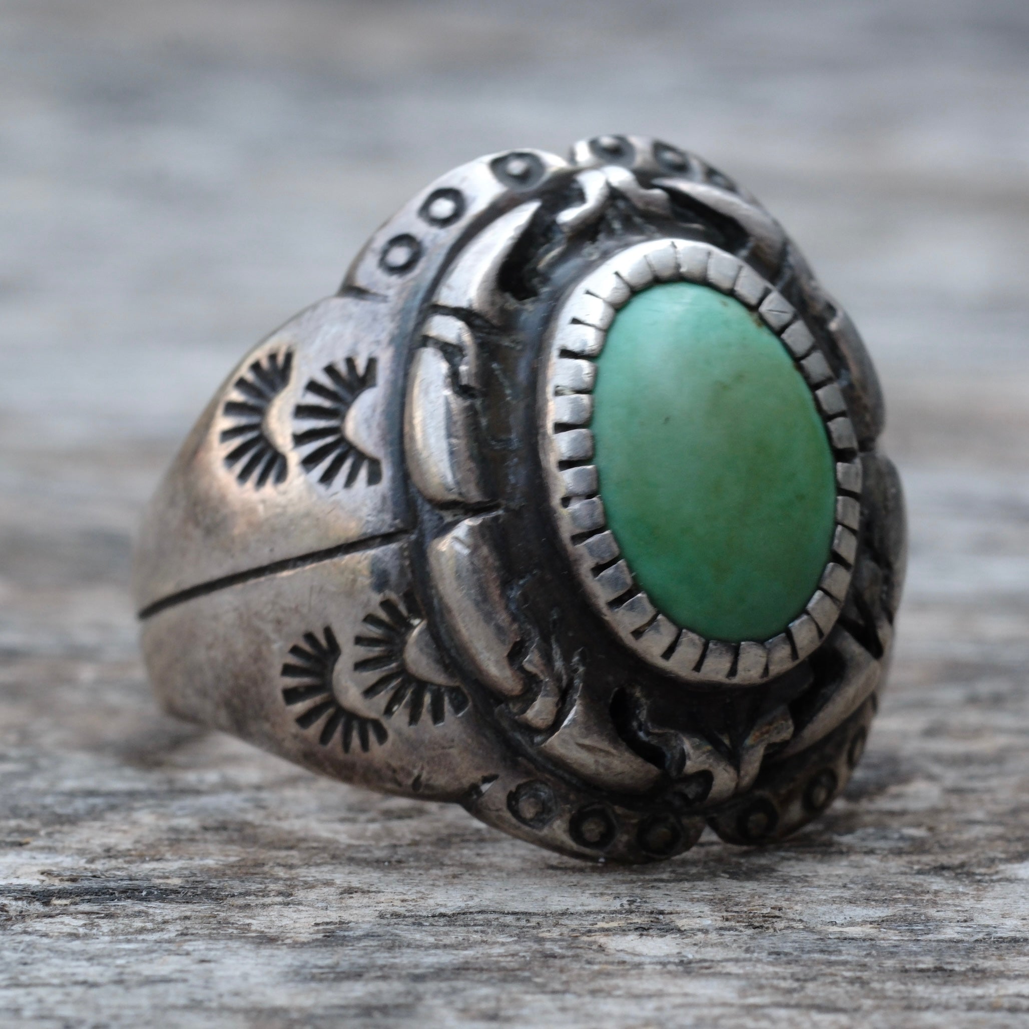 Vintage Sterling Turquoise Stamped Band Ring 12