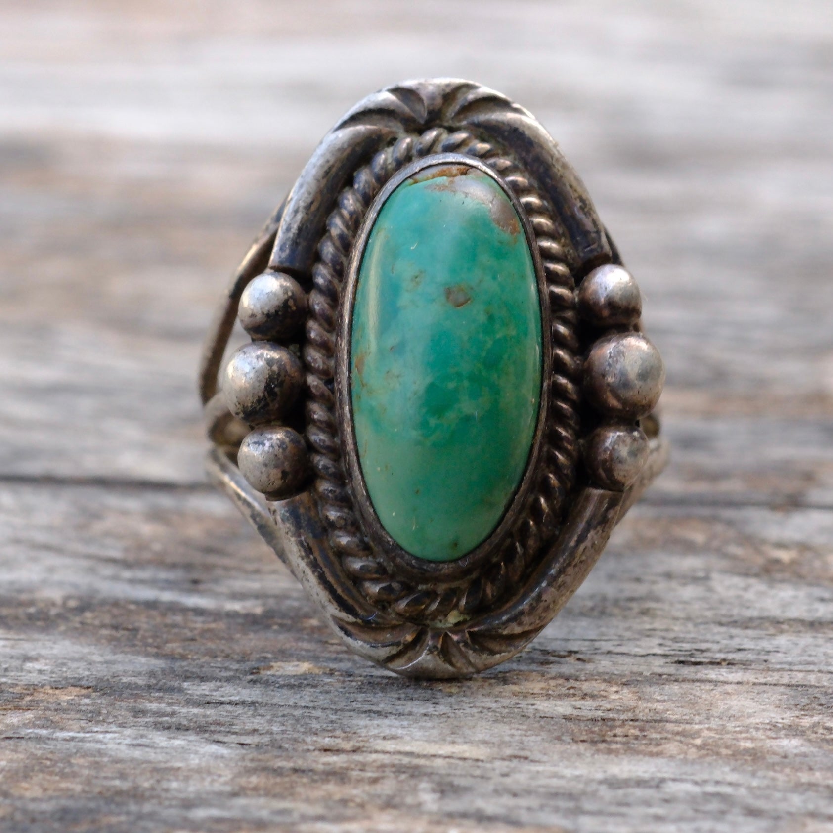Vintage Sterling Turquoise Roper Ring 7