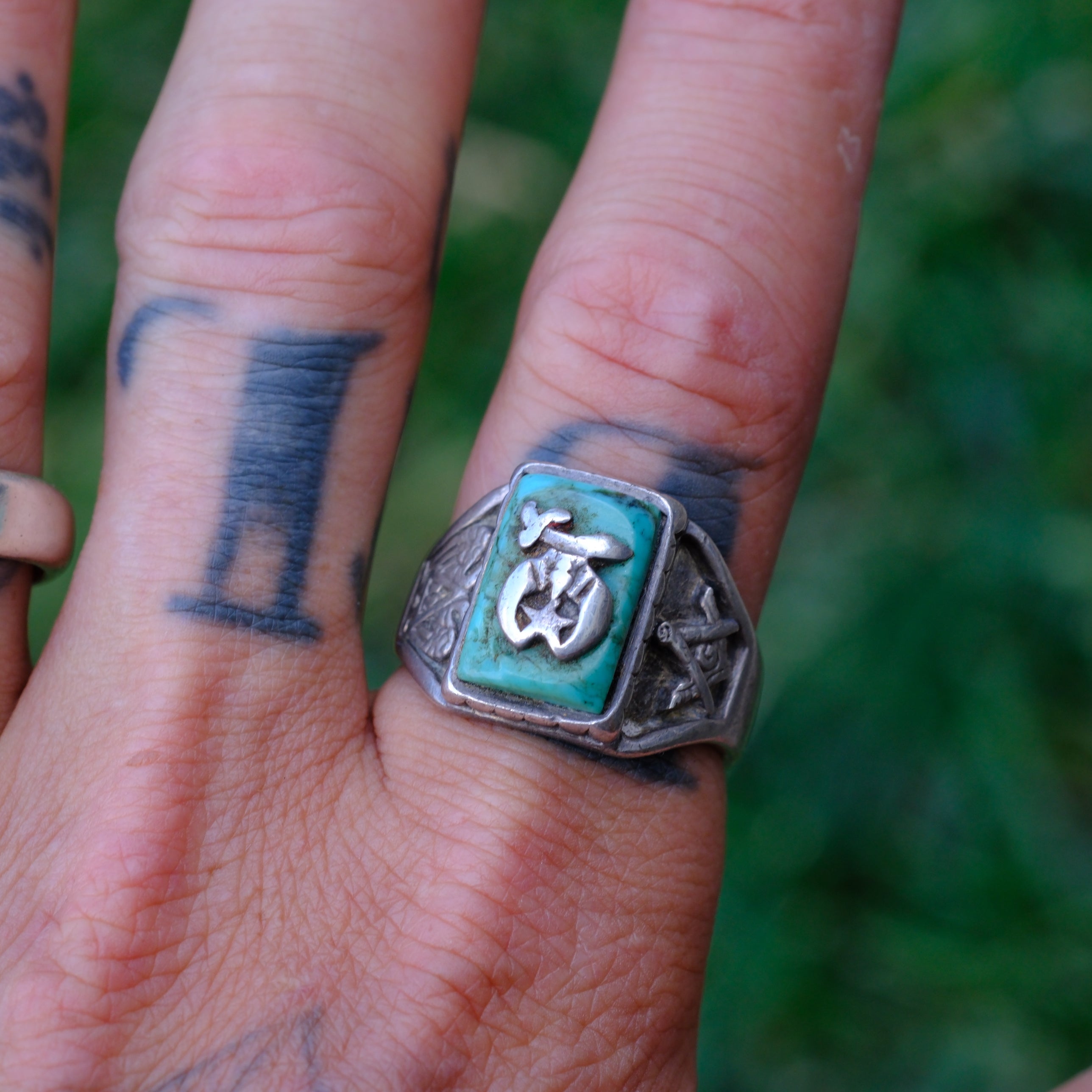 Vintage Sterling Turquoise Masonic Signet Ring 11
