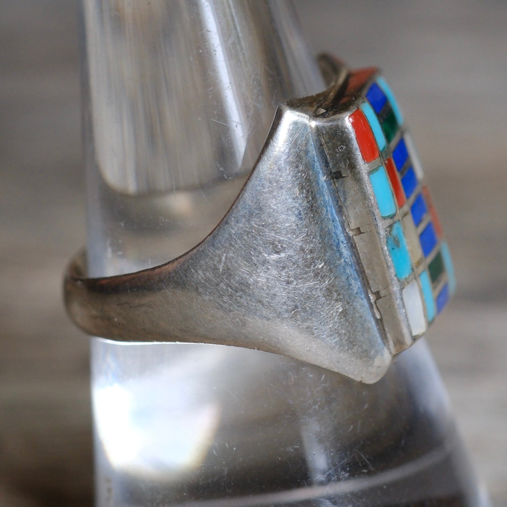 Vintage Sterling Multistone Inlay Mosaic Signet Ring 9