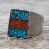 Vintage Sterling Crushed Turquoise and Coral Inlay Ring 7.75