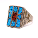Vintage Sterling Turquoise and Coral Inlay Ring 9.5