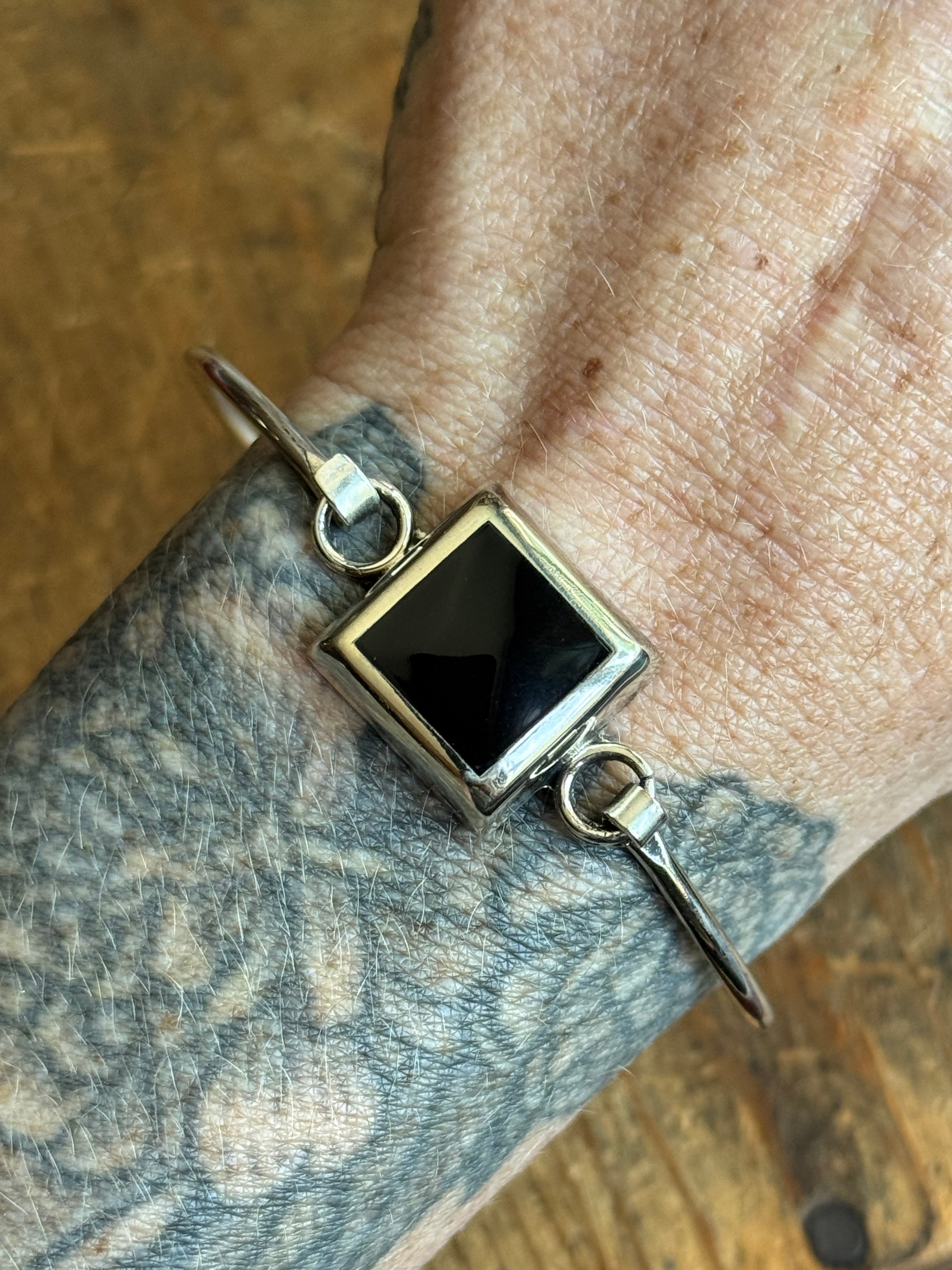 Vintage Sterling Silver Onyx Square Latch Bracelet