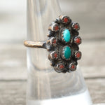 Vintage Sterling Turquoise and Coral Cluster Ring 6.75